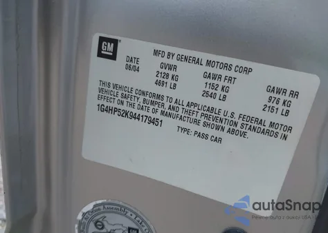 2004 Buick Lesabre Custom from USA, damaged, VIN 1G4HP52K944179451